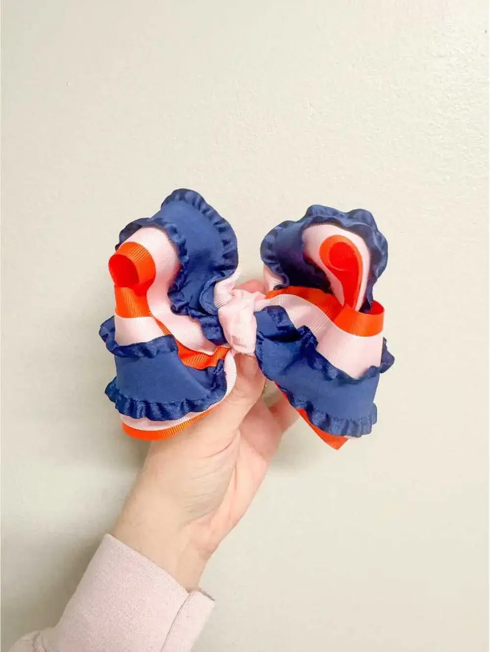 Orange Pink & Navy Ruffle Hair Bow | 4.5-5 Inch Boutique Hair Bow